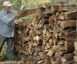 Man outside stacking fire wood