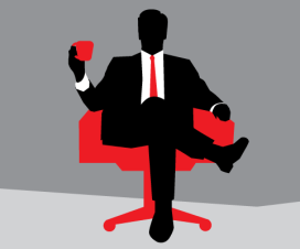 Man sitting in office chair with coffee mug illustration