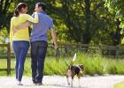 Man and woman walking a dog on a gravel path