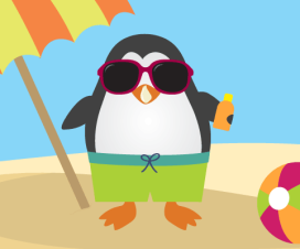 Illustration of a penguin on a beach, under an umbrella with a bottle of sunscreen