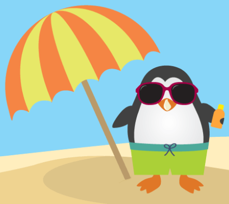 Illustration of a penguin on a beach, under an umbrella with a bottle of sunscreen