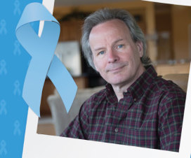 Polaroid style photo of cancer survivor on background with light blue ribbons