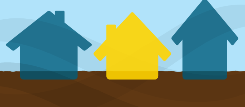 Illustration - three homes, one is yellow to show radon