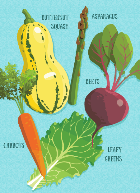 illustration of healthy vegetables with labels - butternut squash, asparagus, beets, carrots, leafy greens