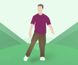 Graphic of man standing on one leg to maintain balance. Shown on green background
