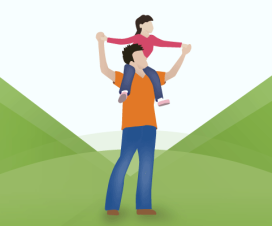 Illustration of little girl on dad's shoulders, family fitness is fun