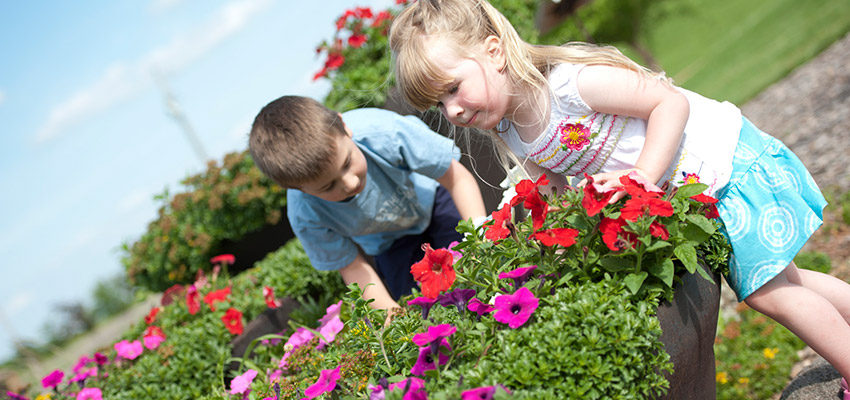 Two kids smelling flowers in the park