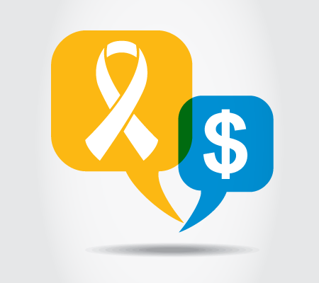 word bubbles with cancer ribbon and money symbol