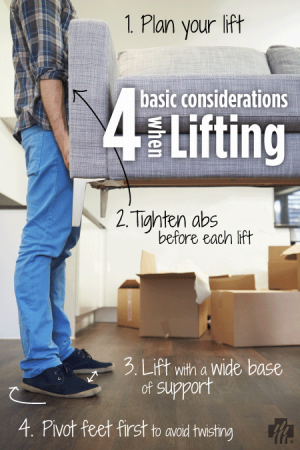 photo of man lifting couch with 4 lifting tips listed on top