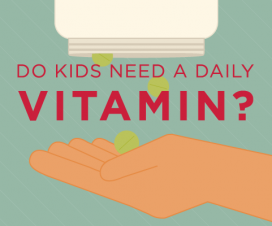 Illustration - vitamins falling from bottle into kid's hand