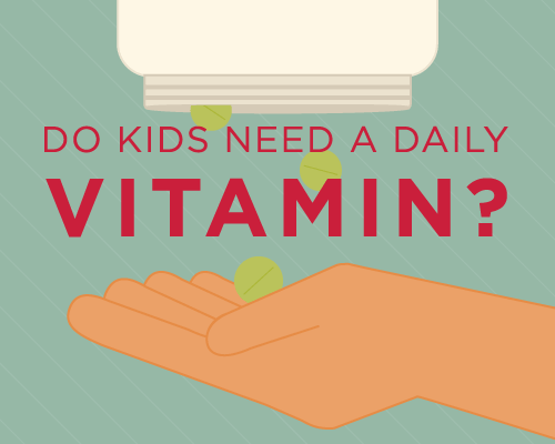 Illustration - vitamins falling from bottle into kid's hand