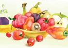 watercolor illustration of a bowl of fruits and vegetables.