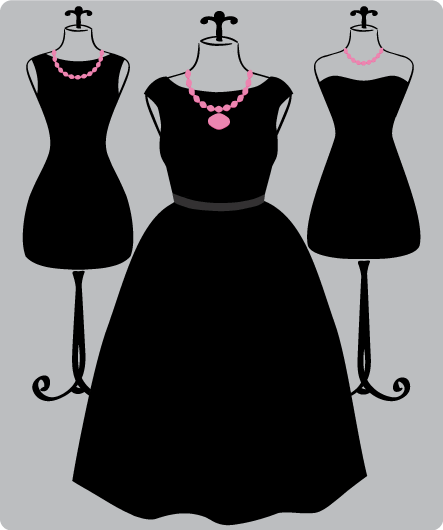 Illustration - three black dresses with pink pill necklaces