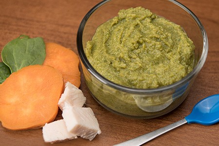 bowl of baby food - chicken, sweet potato and spinach