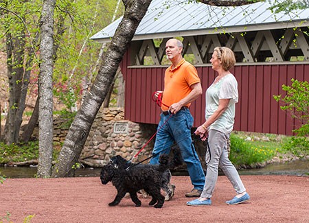 couple walking their dogs next to a covered bridge