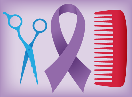 Illustration - cancer ribbon with comb and hair scissors