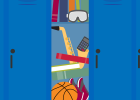 Illustration - open locker filled with books, sports equipment, music instrument and school supplies