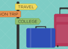 Illustration - suitcases in front of travel directional signs