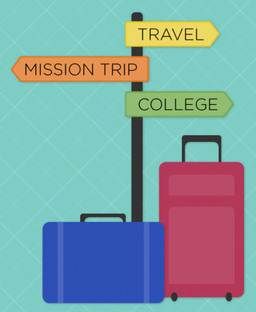Illustration - suitcases in front of travel directional signs