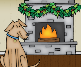 Illustration - Dog in front of a holiday decorated fireplace and a plate of cookies