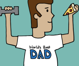 Illustration - Man holding dumbbell in one hand and a piece of pizza in the other hand