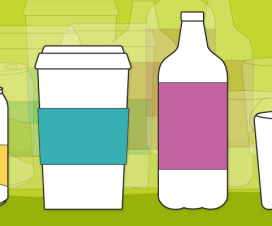 Addicted to caffeine illustration - soda can, grande coffee cup, soda bottle, tea cup