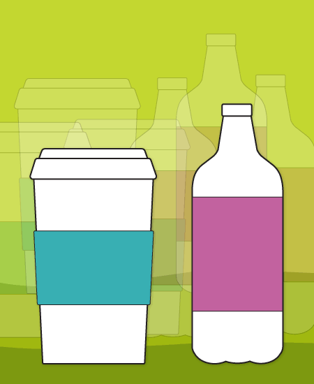 Addicted to caffeine illustration - grande coffee cup, soda bottle