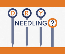 graphic of dry needles with text on orange and blue field