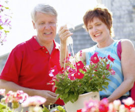 older couple buying a hanging basket of flowers