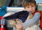 Kid with sleeping bag in front of packed car - Calming kid's fears of being away from home at summer camp