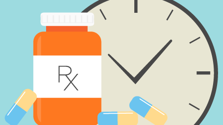 Illustration - Prescription bottle in front of a clock - Best time to take your medication