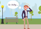 Graphic of man walking through park scratching his head in pain - Psoriasis vs eczema