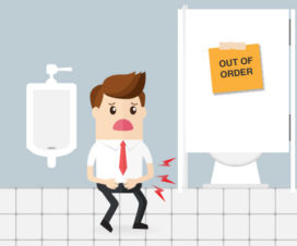 Graphic of man in bathroom waiting urgently for the toilet - Irritable bowel syndrome