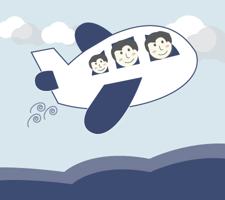 Family flying in an airplane over the ocean illustration - Health travel tips