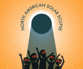 Graphic of solar eclipse, people wearing special sunglasses - Eye safety during solar eclipse