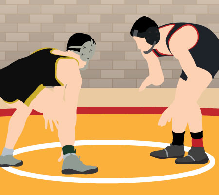Two wrestlers in the ring, Illustration - Dangers of cutting weight in wrestling