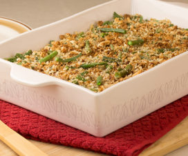 Healthy Green Bean Casserole in a white casserole dish - Thanksgiving casserole recipe
