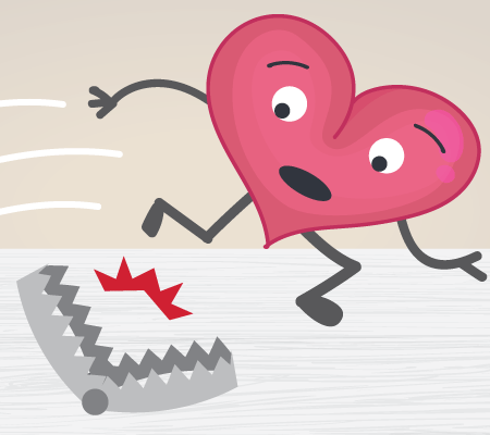 Illustration/cartoon of a heart jumping over a trap - Avoiding a second heart attack