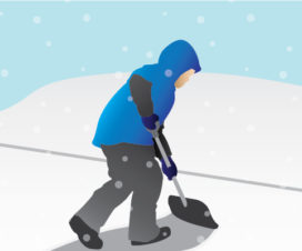 Illustration of someone shoveling, Safe Snow Shoveling Infographic - How to shovel safely to reduce risk of heart attack
