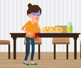 Woman feeling sick after eating, illustration - Food poisoning