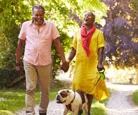 African American couple walking their bulldog - Getting outside improves health