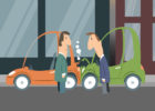 Two cartoon characters staring at each other after a fender bender - Should you see a doctor after minor car accidents?