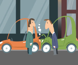 Two cartoon characters staring at each other after a fender bender - Should you see a doctor after minor car accidents?