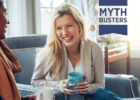 Woman laughing and enjoying coffee - Ovarian cancer, myths and facts