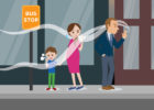 Mother and child waiting while stranger smokes at a bus stop, illustration - How secondhand smoke effects kids
