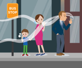 Mother and child waiting while stranger smokes at a bus stop, illustration - How secondhand smoke effects kids