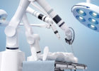Illustration of robotic arms and a surgery room - Robotic surgery in cardiology or heart care