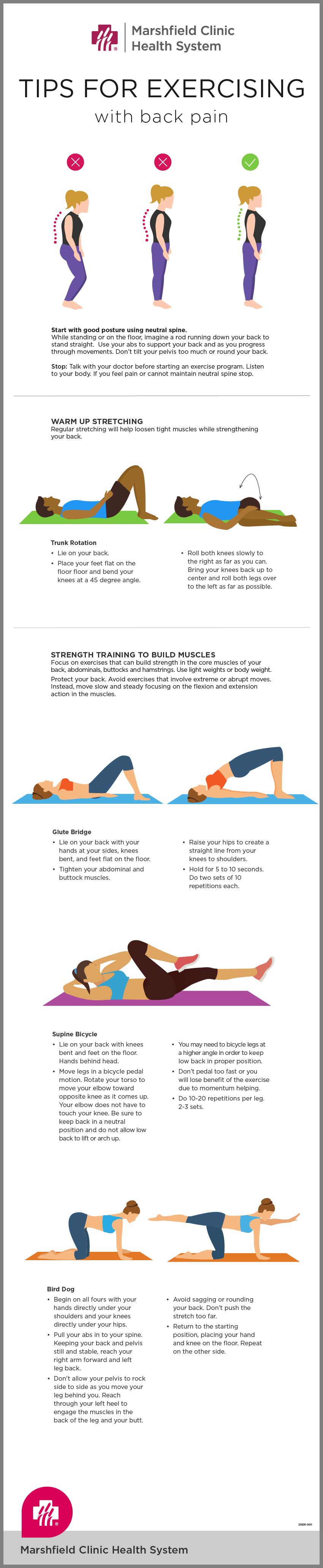 infographic for tips of exercising with back pain
