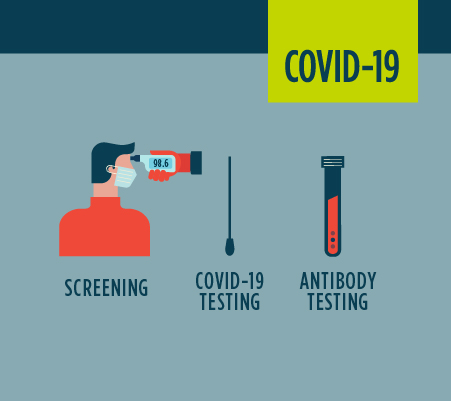 Screening v. Testing v. Antibody testing graphic