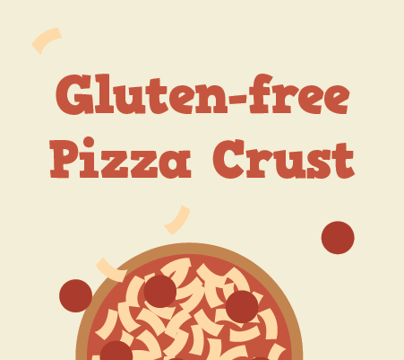 Gluten-free pizza crust text with cartoon-style drawing of a pepperoni pizza for those with celiac disease